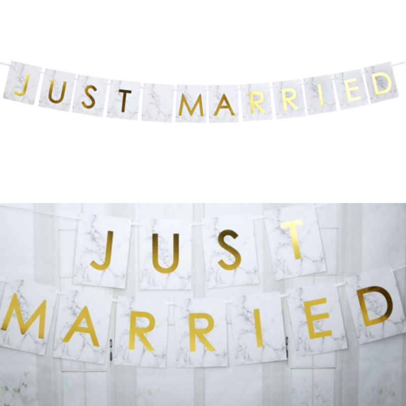 Hääauton koristenauha "Just Married" - kultamarmori
