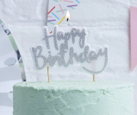 Happy Birthday tekstikynttilä - hopeaglitter