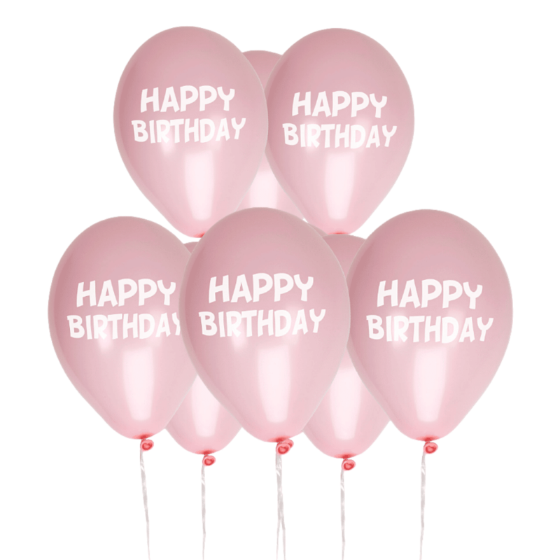 Vaaleanpunaiset ilmapallot - Happy Birthday, 8 kpl