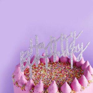 Kakkukoriste Happy Birthday - hopeaglitter 2