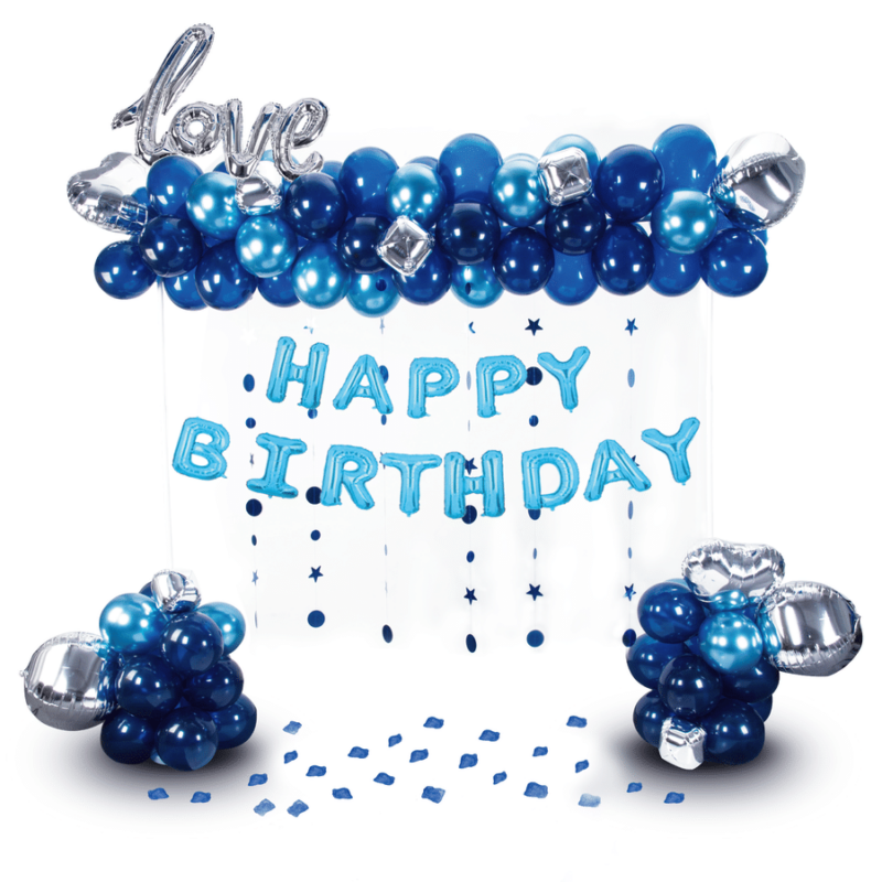 Happy Birthday ilmapallosetti, sininen-hopea