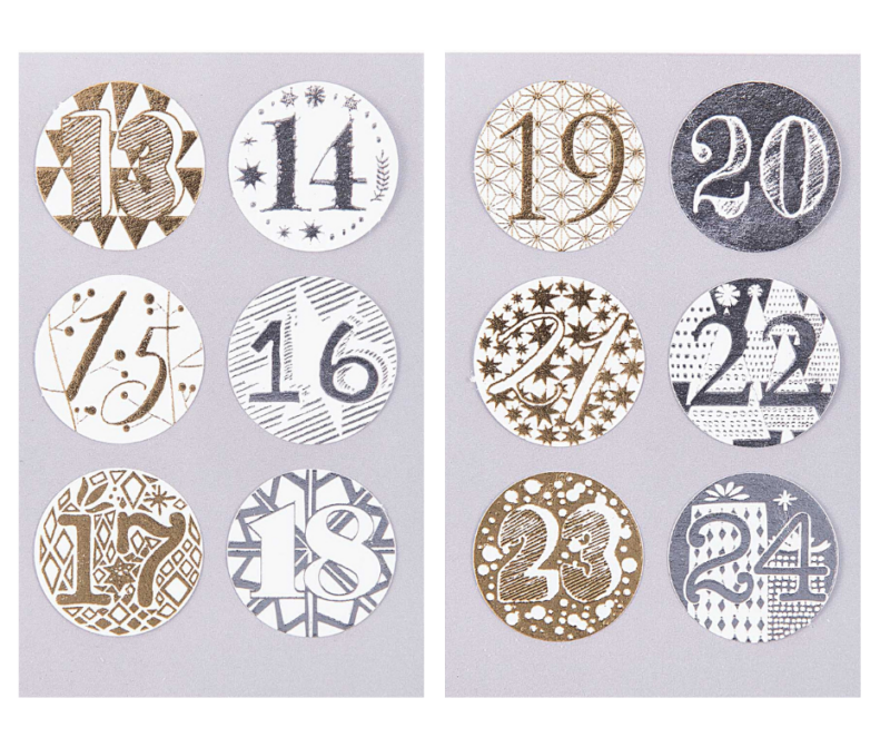 Numerotarrat 1 - 24 joulukalenteriin - hopea-kulta 2